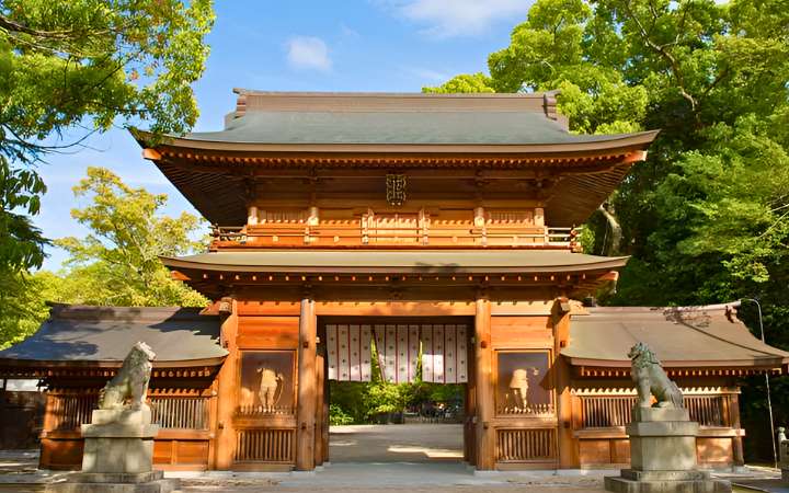 Ōyamazumi Shrine on Ōmishima Island, Japan, an ancient Shinto shrine dedicated to mountain and sea gods, surrounded by centuries-old camphor trees and traditional wooden architecture