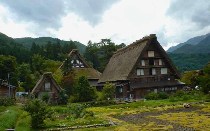 Traditional gassho-zukuri farmhouses in Shirakawa-go Village, a UNESCO World Heritage Site in Japan, surrounded by scenic mountains and rice fields