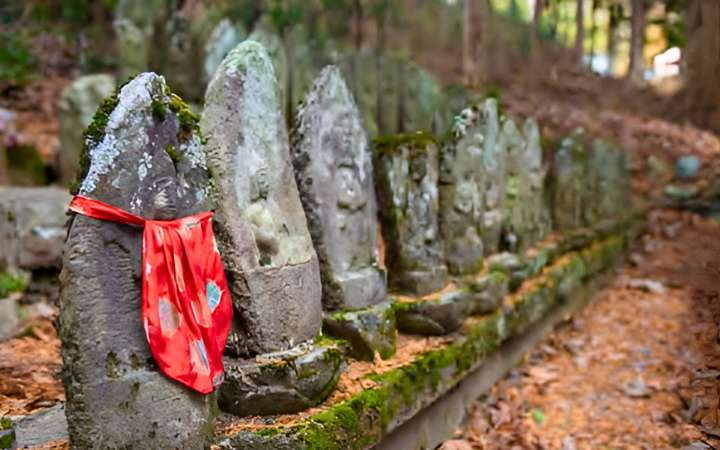 Peaceful row of moss-covered Jizō statues along a forest trail in Japan, symbolizing protection for travelers and children – a spiritual and scenic highlight of traditional Japanese pilgrimages.