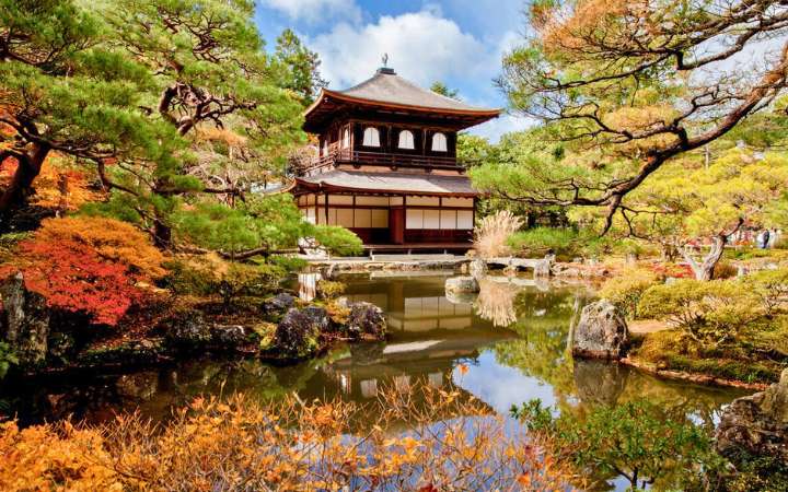 Serene view of Ginkaku-ji Temple (Silver Pavilion) in Kyoto, Japan, surrounded by lush gardens, moss-covered paths, and traditional Zen architecture – a peaceful UNESCO site on the Philosopher’s Path.