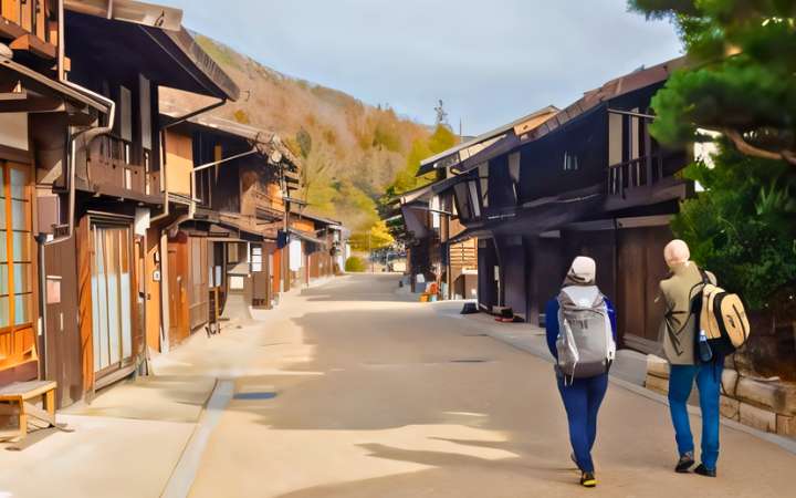 Tsumago post town in Japan, a beautifully preserved Edo-period village with traditional wooden houses, offering visitors an authentic step back in time.