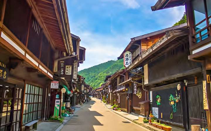 The beautifully preserved post town of Narai in Japan, featuring traditional Edo-period wooden architecture along the historic Nakasendo Trail.