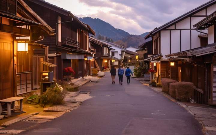 Evening view of the historic post town Tsumago on the Nakasendo Trail, with traditional wooden buildings glowing under lantern light and visitors strolling through the peaceful mountain village
