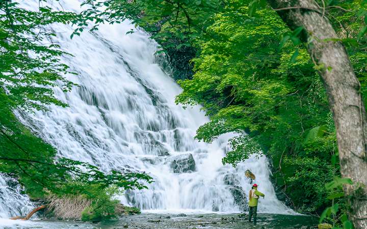 Yudaki Falls, a stunning waterfall at the southern end of Lake Yunoko in Japan’s Nikko region, surrounded by vibrant natural beauty