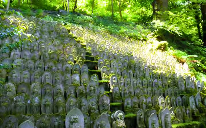 Sacred statues at Iwaya-ji Temple in Ehime, Japan — a cliffside temple on the Shikoku 88 Pilgrimage, surrounded by lush forest and known for its spiritual atmosphere and historic Buddhist carvings.