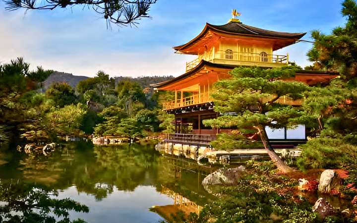 Scenic view of Kinkaku-ji Temple (Golden Pavilion) reflecting on the pond, surrounded by lush greenery in Kyoto, Japan – a top cultural and historical travel destination