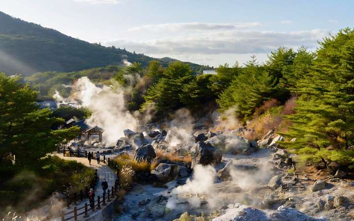 Unzen Jigoku hot spring hells in Mount Unzen, Kyushu Japan – steaming volcanic landscape and geothermal site explored on Kyushu’s Hidden History self-guided walking tour from Beppu to Nagasaki