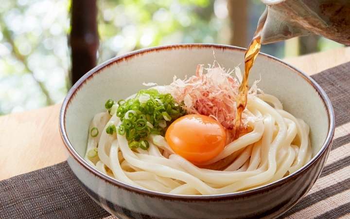 Sanuki udon noodles from Kagawa, Japan, featuring thick chewy noodles served in traditional Japanese broth