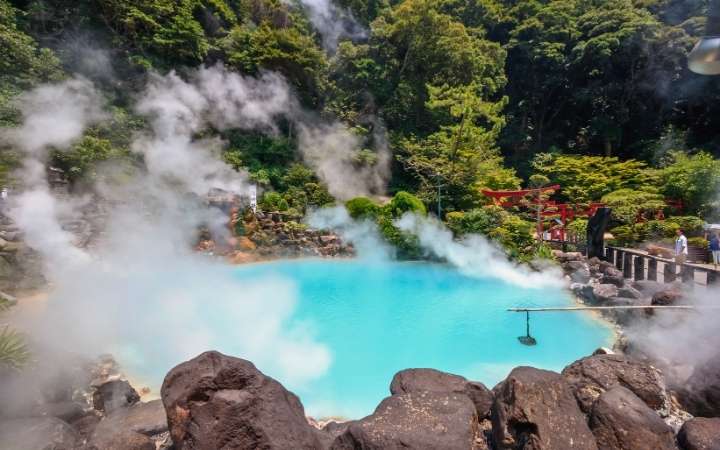 Beppu Hells hot springs in Beppu, Japan, featuring colorful steaming geothermal pools of Jigoku Meguri