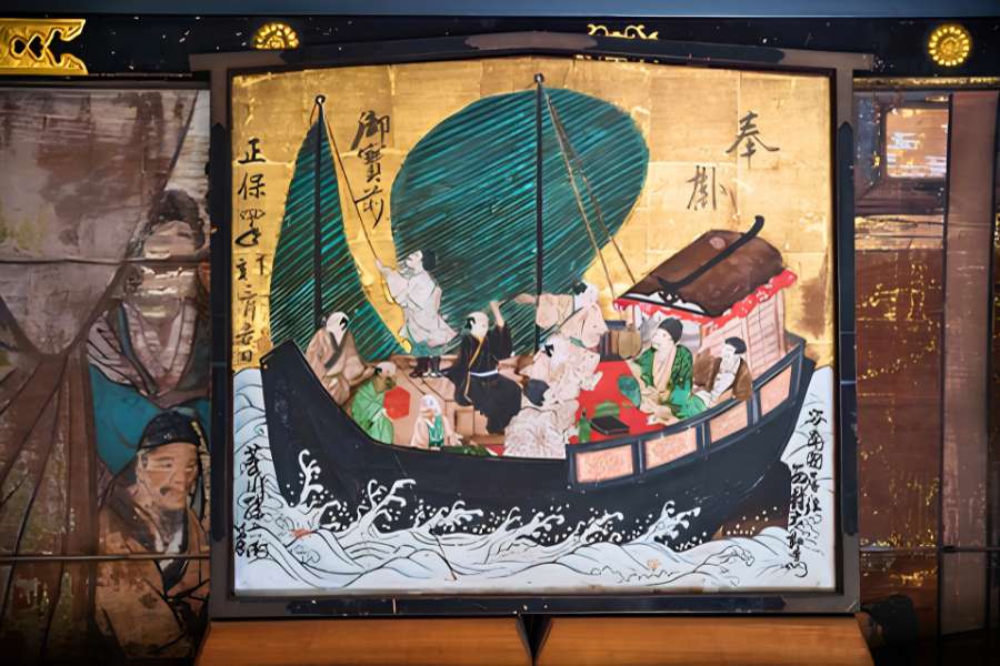 Traditional Japanese painting on a wooden plaque depicting passengers on an Edo-style boat, representing the historic boat rides on Lake Nishinoko during the Lake Biwa Gateway to Kyoto walking tour.