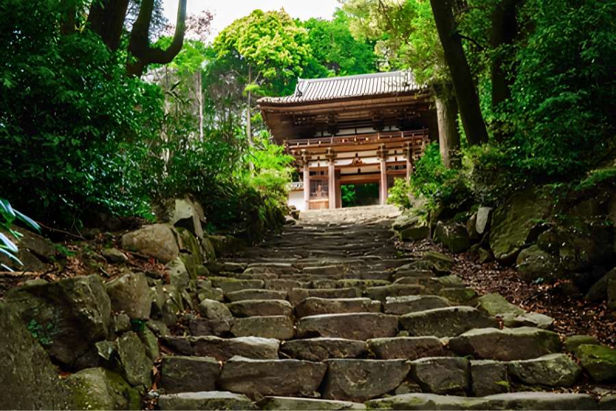 Stone steps leading to Kannonshō-ji Temple on the Lake Biwa: Storied Trails of Shiga 3-day self-guided walking tour in Shiga, Japan.