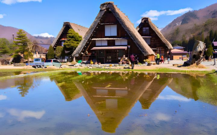 Shirakawa-go traditional gassho-zukuri thatched-roof houses in Japan reflected in a pond