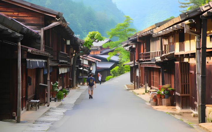 Traditional Narai-juku post town on the historic Nakasendo Trail in Japan