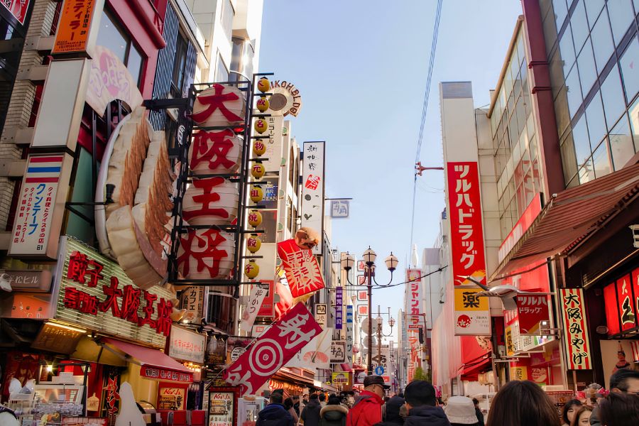 Dotonbori Osaka Japan famous street with colorful neon signs and restaurants