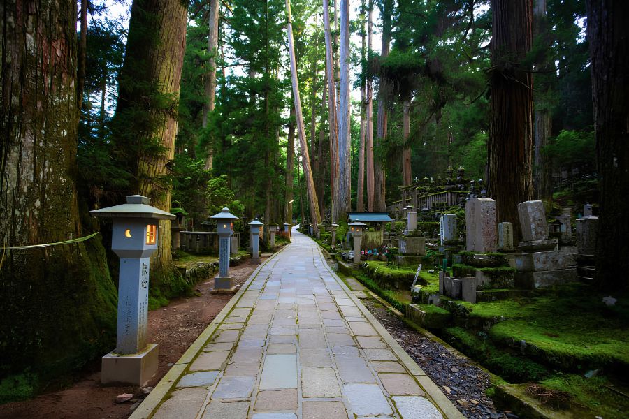 Okunoin Cemetery Mount Koya Japan with ancient cedar trees, stone lanterns and Buddhist graves